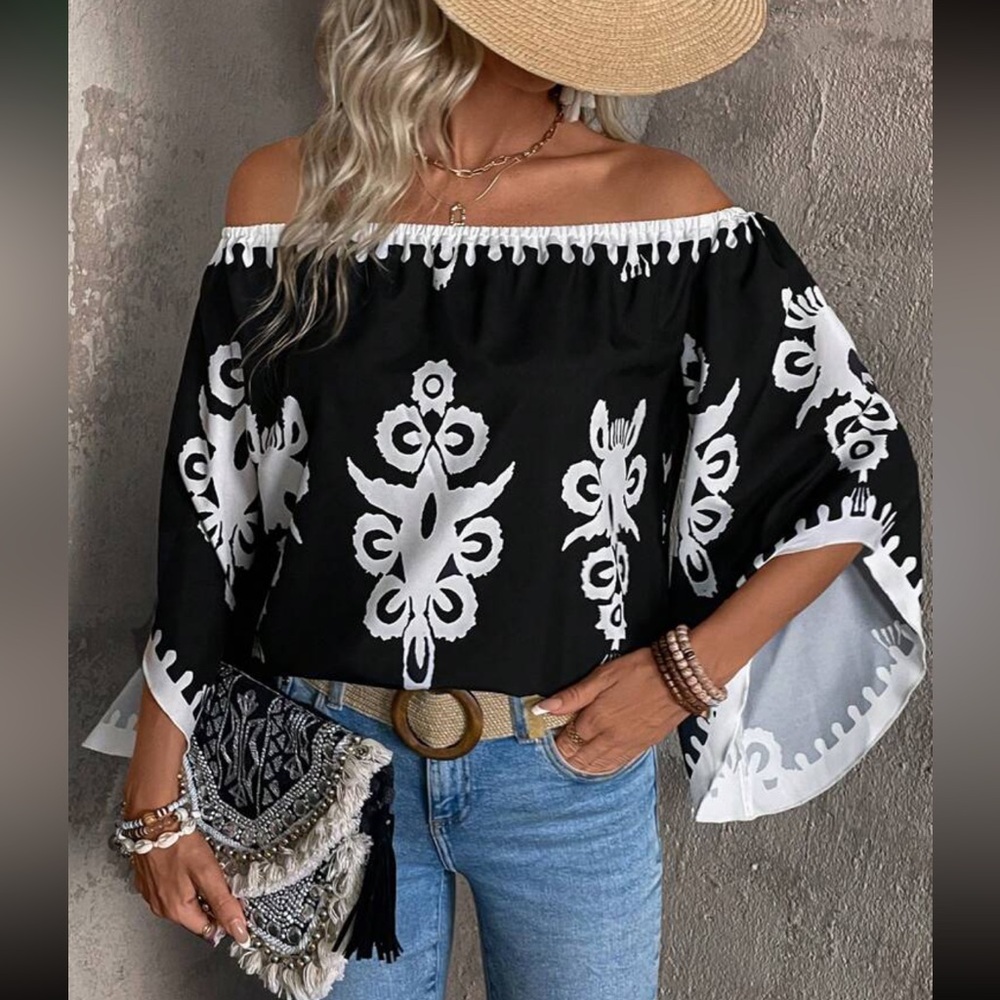 Boho floral print off shoulder blouse - Picture 4 of 6